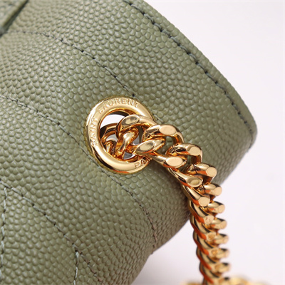 Y.S.L ENVELOPE SMALL IN QUILTED GRAIN DE POUDRE EMBOSSED LEATHER Gold Tone Metal Green Color