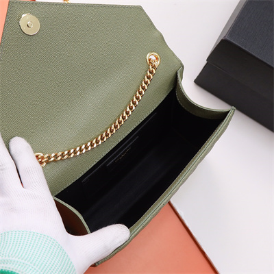 Y.S.L ENVELOPE SMALL IN QUILTED GRAIN DE POUDRE EMBOSSED LEATHER Gold Tone Metal Green Color