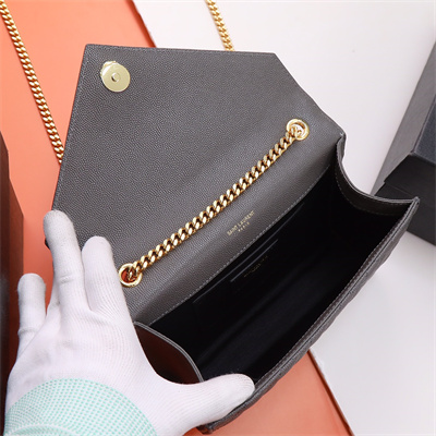 Y.S.L ENVELOPE SMALL IN QUILTED GRAIN DE POUDRE EMBOSSED LEATHER Gold Tone Metal Dk Grey Color