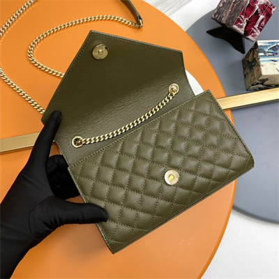 Y.S.L ENVELOPE SMALL IN QUILTED GRAIN DE POUDRE EMBOSSED LEATHER Gold Tone Metal Dk Green Color