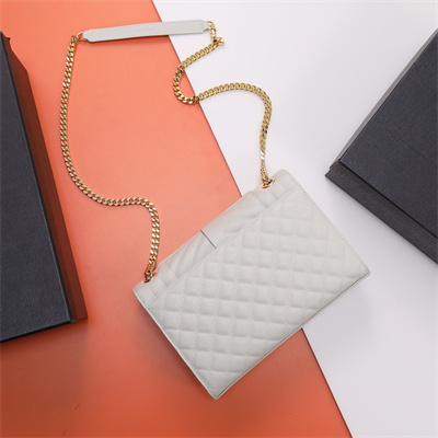 Y.S.L ENVELOPE MEDIUM IN QUILTED GRAIN DE POUDRE EMBOSSED LEATHER Gold Tone Metal White Color