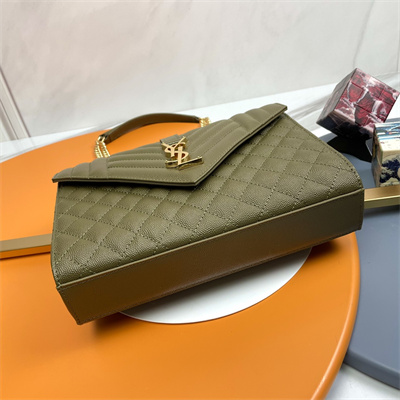 Y.S.L ENVELOPE MEDIUM IN QUILTED GRAIN DE POUDRE EMBOSSED LEATHER Gold Tone Metal Dk Green Color
