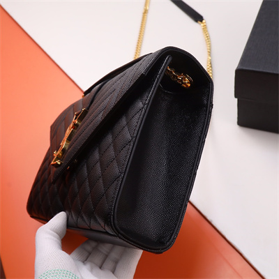Y.S.L ENVELOPE MEDIUM IN QUILTED GRAIN DE POUDRE EMBOSSED LEATHER Gold Tone Metal Black Color