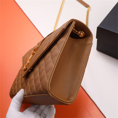 Y.S.L ENVELOPE MEDIUM IN QUILTED GRAIN DE POUDRE EMBOSSED LEATHER Gold Tone Metal Caramel Color