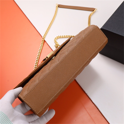 Y.S.L ENVELOPE MEDIUM IN QUILTED GRAIN DE POUDRE EMBOSSED LEATHER Gold Tone Metal Caramel Color