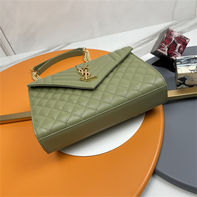 Y.S.L ENVELOPE MEDIUM IN QUILTED GRAIN DE POUDRE EMBOSSED LEATHER Gold Tone Metal Green Color