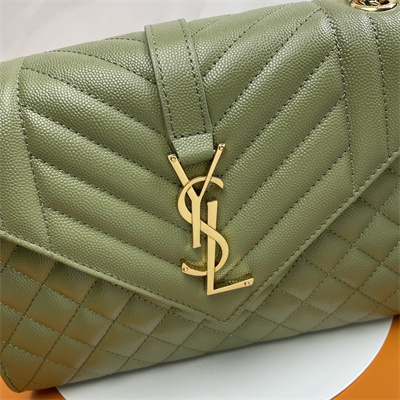 Y.S.L ENVELOPE MEDIUM IN QUILTED GRAIN DE POUDRE EMBOSSED LEATHER Gold Tone Metal Green Color