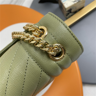 Y.S.L ENVELOPE MEDIUM IN QUILTED GRAIN DE POUDRE EMBOSSED LEATHER Gold Tone Metal Green Color