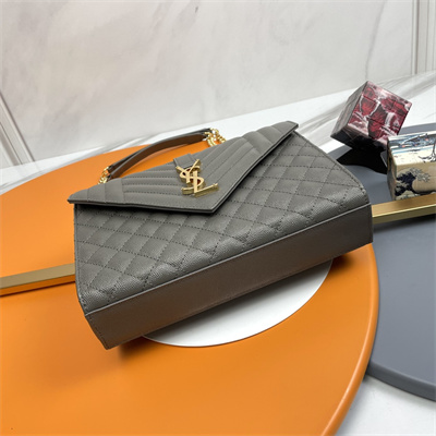Y.S.L ENVELOPE MEDIUM IN QUILTED GRAIN DE POUDRE EMBOSSED LEATHER Gold Tone Metal Dk Grey Color