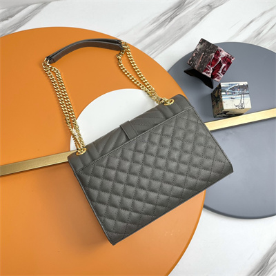 Y.S.L ENVELOPE MEDIUM IN QUILTED GRAIN DE POUDRE EMBOSSED LEATHER Gold Tone Metal Dk Grey Color