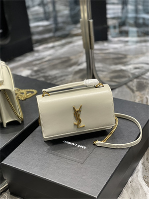 Y.S.L Sunset Chain Wallet In Smooth Leather Gold Tone Metal White Color