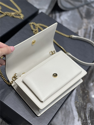Y.S.L Sunset Chain Wallet In Smooth Leather Gold Tone Metal White Color