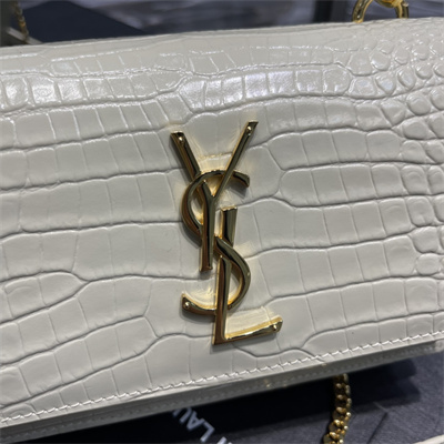 Y.S.L Sunset Chain Wallet In Crocodile Embossed Leather Gold Tone Metal White Color