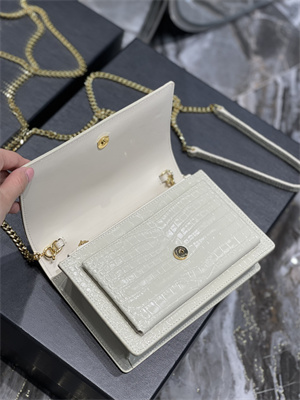 Y.S.L Sunset Chain Wallet In Crocodile Embossed Leather Gold Tone Metal White Color