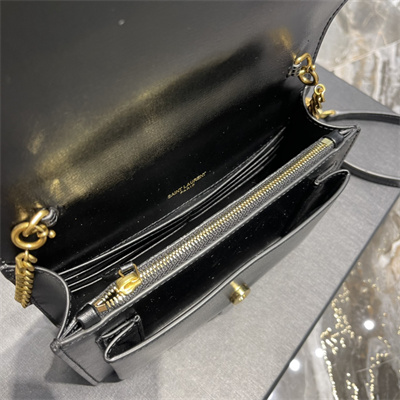 Y.S.L Sunset Chain Wallet In Smooth Leather Gold Tone Metal Black Color