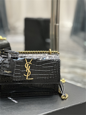 Y.S.L Sunset Small Bag In Crocodile Embossed Leather Gold Tone Metal Black Color