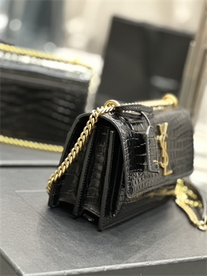Y.S.L Sunset Small Bag In Crocodile Embossed Leather Gold Tone Metal Black Color