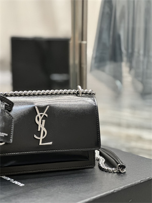 Y.S.L Sunset Small Bag In Smooth Leather Silver Tone Metal Black Color