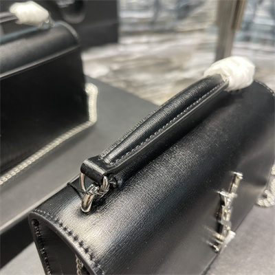 Y.S.L Sunset Chain Wallet In Smooth Leather Silver Tone Metal Black Color