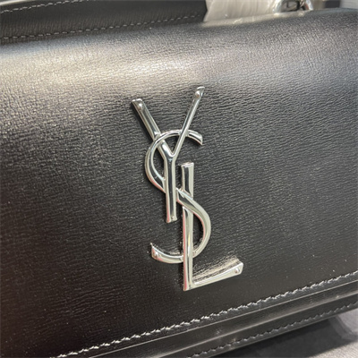 Y.S.L Sunset Chain Wallet In Smooth Leather Silver Tone Metal Black Color