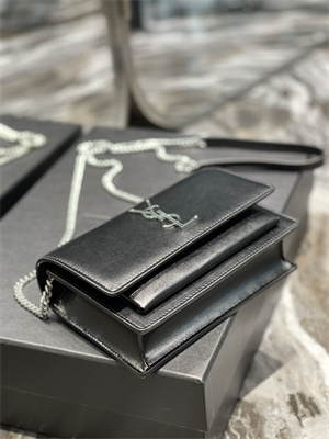 Y.S.L Sunset Chain Wallet In Smooth Leather Silver Tone Metal Black Color