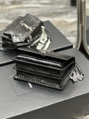 Y.S.L Sunset Small Bag In Crocodile Embossed Leather Silver Tone Metal Black Color