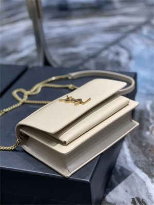 Y.S.L Sunset Chain Wallet In Smooth Leather Gold Tone Metal Beige Color