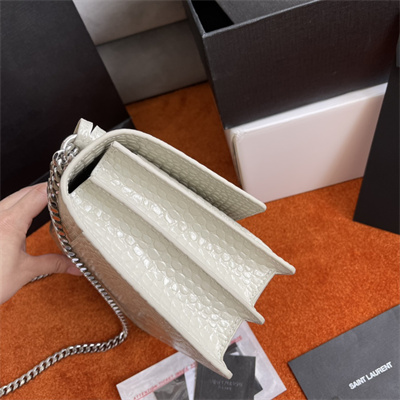 Y.S.L Sunset MEDIUM Bag In Crocodile Embossed Leather Silver Tone Metal White Color