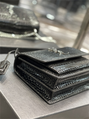 Y.S.L Sunset MEDIUM Bag In Crocodile Embossed Leather Silver Tone Metal Black Color