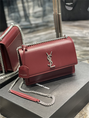 Y.S.L Sunset MEDIUM Bag In Smooth Leather Silver Tone Metal Burgundy Color