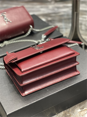 Y.S.L Sunset MEDIUM Bag In Smooth Leather Silver Tone Metal Burgundy Color