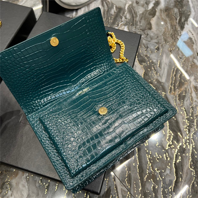 Y.S.L Sunset MEDIUM Bag In Crocodile Embossed Leather Gold Tone Metal Green Color