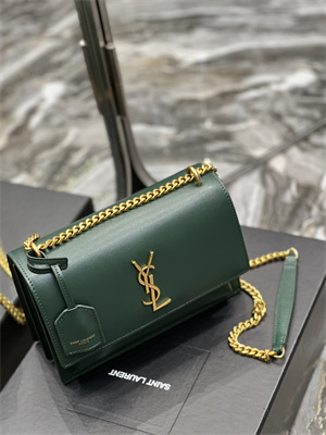 Y.S.L Sunset MEDIUM Bag In Smooth Leather Gold Tone Metal Green Color