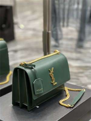 Y.S.L Sunset MEDIUM Bag In Smooth Leather Gold Tone Metal Green Color