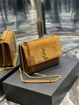 Y.S.L Sunset MEDIUM Bag In Suede and Smooth Leather Gold Tone Metal Brown Color
