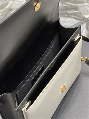 Y.S.L Sunset Top Handle Bag In Smooth Leather Gold Tone Metal Black/White Color