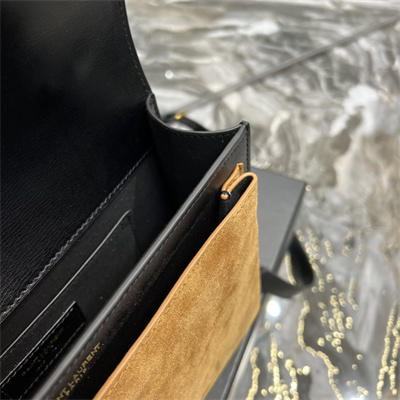 Y.S.L Sunset Top Handle Bag In Smooth Leather and Suede Gold Tone Metal Black Color