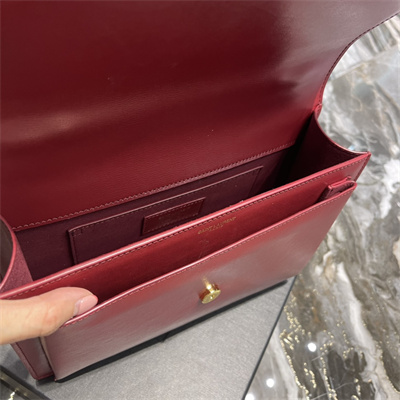 Y.S.L Sunset Top Handle Bag In Smooth Leather Gold Tone Metal Burgundy Color