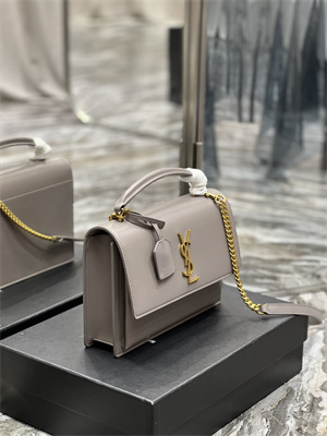 Y.S.L Sunset Top Handle Bag In Smooth Leather Gold Tone Metal Grey Color