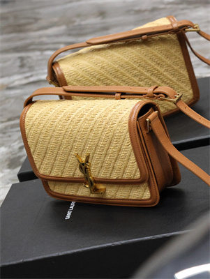 Y.S.L SOLFERINO MEDIUM SATCHEL IN Raffia and Vegetable Tanned Leather Gold Tone Metal