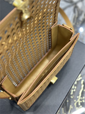 Y.S.L SOLFERINO MEDIUM SATCHEL IN Canework and Vegetable Tanned Leather Gold Tone Metal