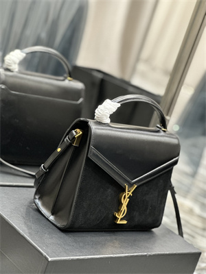 Y.S.L CASSANDRA MEDIUM TOP HANDLE BAG IN Suede and Smooth Leather Gold Tone Metal Black Color