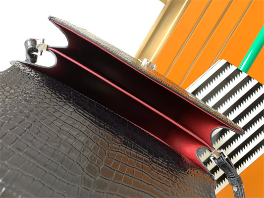 Y.S.L CASSANDRA MEDIUM TOP HANDLE BAG IN CROCODILE EMBOSSED LEATHER Silver Tone Metal Black Color