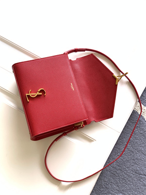 Y.S.L CASSANDRA MEDIUM TOP HANDLE BAG IN DE POUDRE EMBOSSED LEATHER Gold Tone Metal Red Color