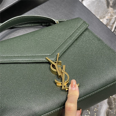 Y.S.L CASSANDRA MEDIUM TOP HANDLE BAG IN DE POUDRE EMBOSSED LEATHER Gold Tone Metal Green Color