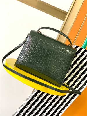 Y.S.L CASSANDRA MEDIUM TOP HANDLE BAG IN CROCODILE EMBOSSED LEATHER Gold Tone Metal Green Color