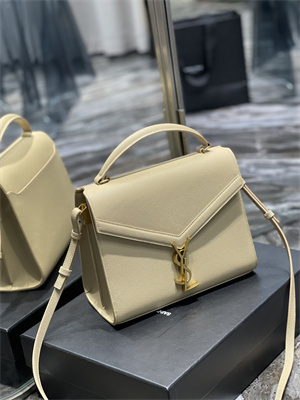 Y.S.L CASSANDRA MEDIUM TOP HANDLE BAG IN DE POUDRE EMBOSSED LEATHER Gold Tone Metal Beige Color