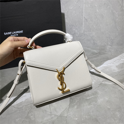 Y.S.L CASSANDRA MINI TOP HANDLE BAG IN DE POUDRE EMBOSSED LEATHER Gold Tone Metal White Color