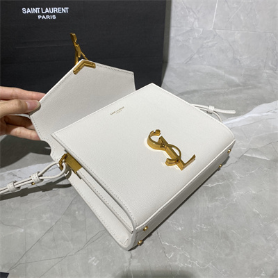 Y.S.L CASSANDRA MINI TOP HANDLE BAG IN DE POUDRE EMBOSSED LEATHER Gold Tone Metal White Color