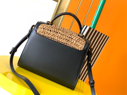 Y.S.L CASSANDRA MINI TOP HANDLE BAG IN Raffia and Leather Gold Tone Metal
